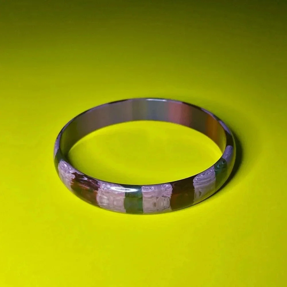 1960s–70s Laminated Lucite Bangle Bracelet – Burgundy • Mauve • Olive Stripes - Picture 2 of 7